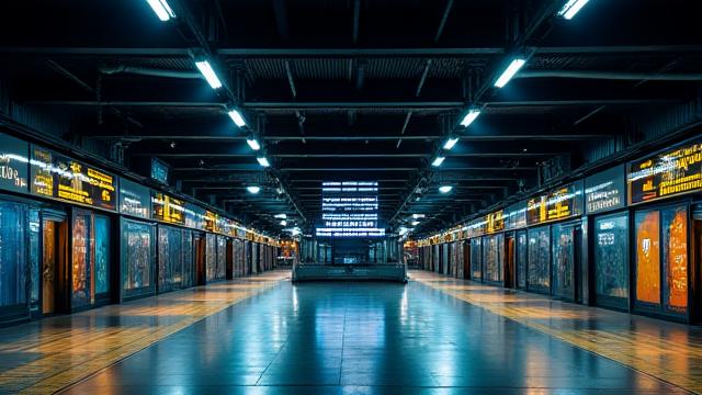 夜間の鉄道駅構内、コントラスト照明が強調された案内表示と通路