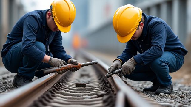 鉄道の古い線路を新しい技術でメンテナンスする作業員の画像